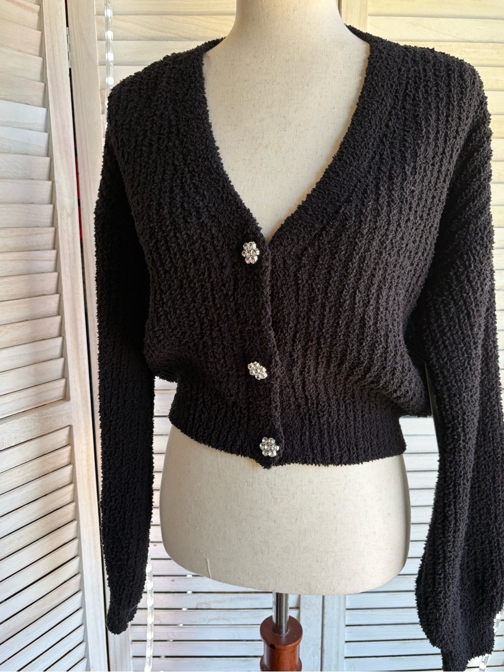 Black Textured V-Neck Cardigan with Rhinestone Flower Buttons